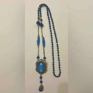 Exquisite Vintage Blue Czech Glass Necklace 20" - Ornate Pendant Lariat Style
